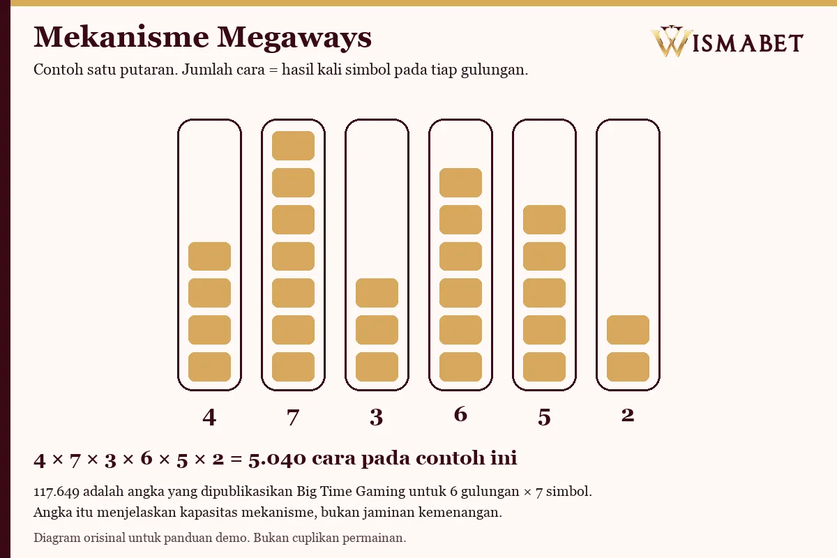 Diagram enam gulungan dengan jumlah simbol berbeda untuk menjelaskan mekanisme Megaways.