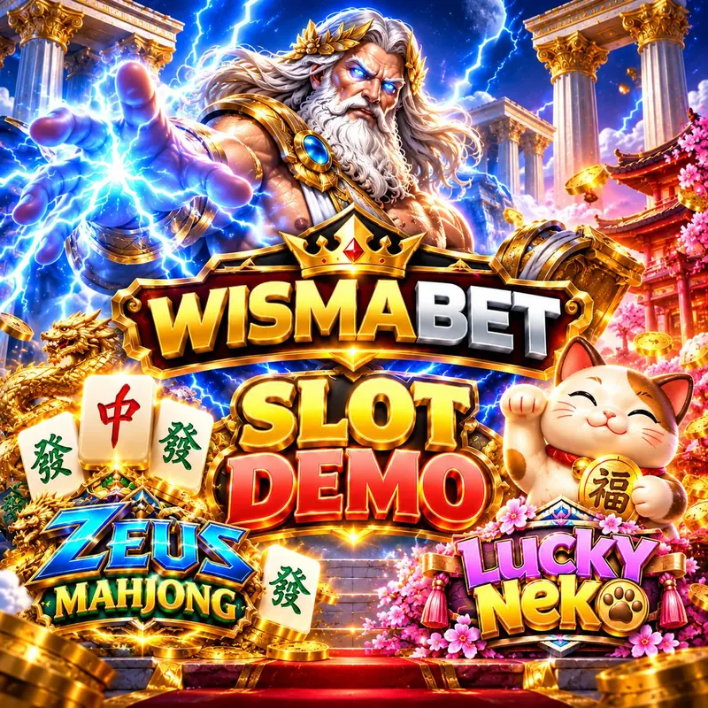 Zeus dengan petir, tulisan WISMABET dan Slot Demo, serta kucing keberuntungan.